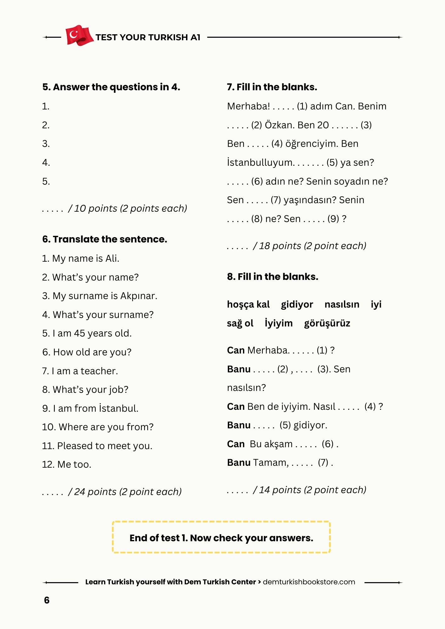 Turkish Test Book A1 | Grammar & Vocabulary Tests for Beginners